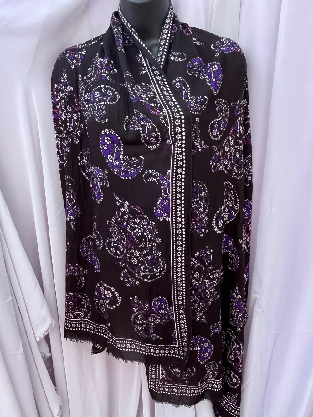 LOFT Black Scarf with Purple Paisley Print